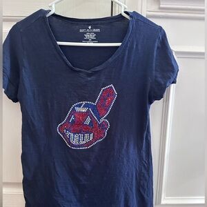 MLB Cleveland Indians Chief Wahoo Baseball Bling Blue T-shirt Top